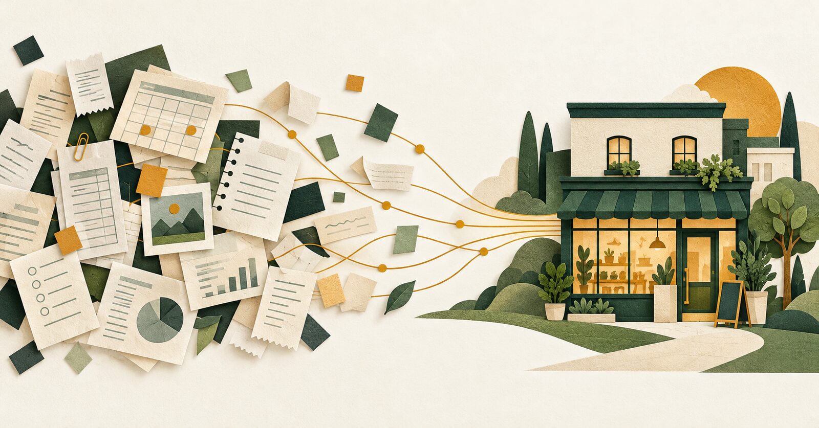 Paper cut-outs of scattered invoices, spreadsheets and receipts, joined by golden threads into a small shopfront